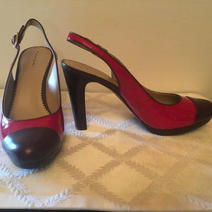 Tahari Two Tone Red Patent Leather w/Brown Leather Toe Sling-Back Heels